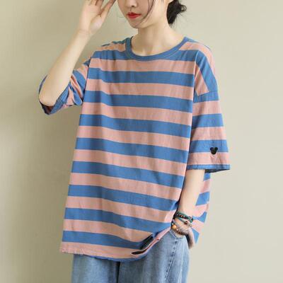 夏装新款大码女装文艺大码破洞短袖t恤韩版宽松圆领显瘦条纹上衣