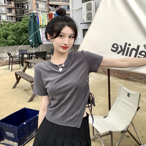 爆款百搭夏款正肩T恤大码女装胖mm不规则短袖T恤上衣M-XL斤