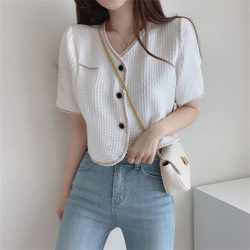 夏季新款大码女装胖MM法式小香风宽松短款V领上衣 M-XL斤