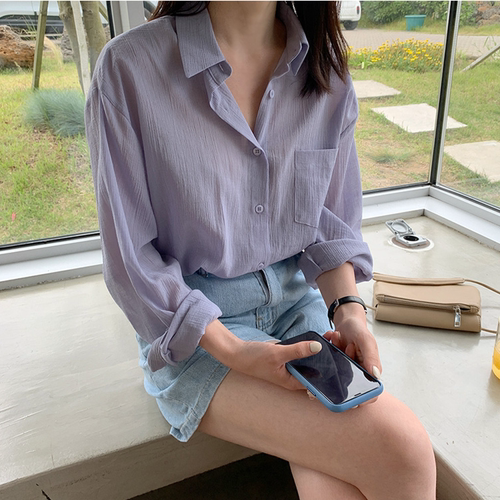 夏装新款大码女装韩国chic透视衬衫紫色衬衣防晒衣M XL斤