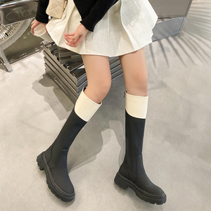 不过膝长筒靴拼色靴子女骑士靴加绒胖mm大筒围粗腿大码高筒马丁靴