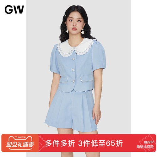 GW大码女装娃娃领百褶裙套装2025夏季新款胖mm收腰显瘦两件套