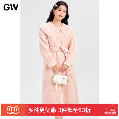 GW大码女装气质减龄粉色腰带绵羊毛双面呢大衣2025秋冬新款微胖mm