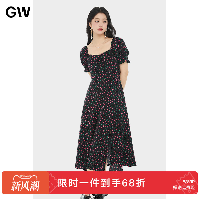 GW大码女装法式碎花方领连衣裙2025夏新款胖mm高腰显瘦遮肚子长裙