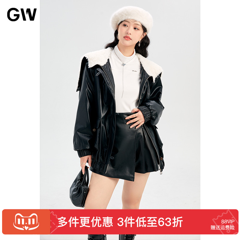 GW大码女装大翻领连帽两穿防风保暖棉服2025冬季新款微胖mm皮上衣