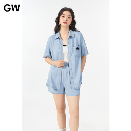 GW大码女装随性慵懒休闲设计感上衣短裤套装2025夏季新款微胖mm