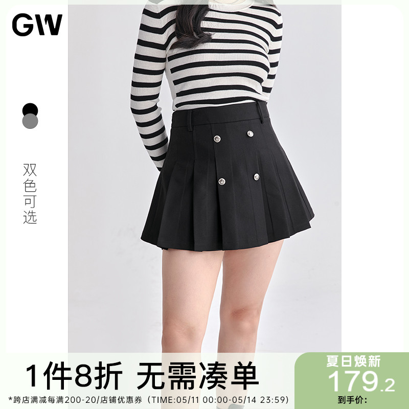 GW大码女装黑色A字百褶裙子2024春季新款微胖mm高腰显瘦半身短裙