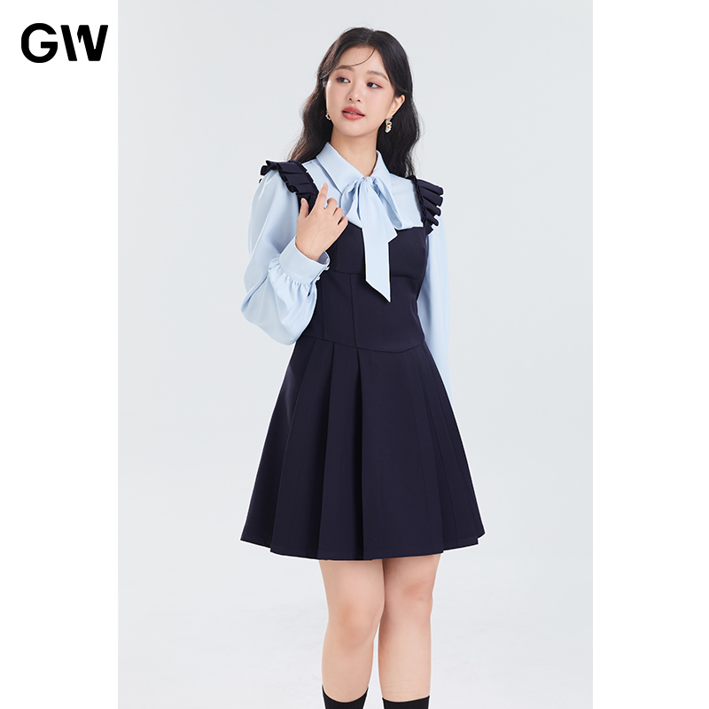 GW大码女装蝴蝶结假两件连衣裙