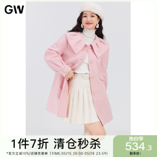 女装 GW大码 娃娃领粉色毛呢外套2022冬新款 90%羊毛 胖mm宽松大衣