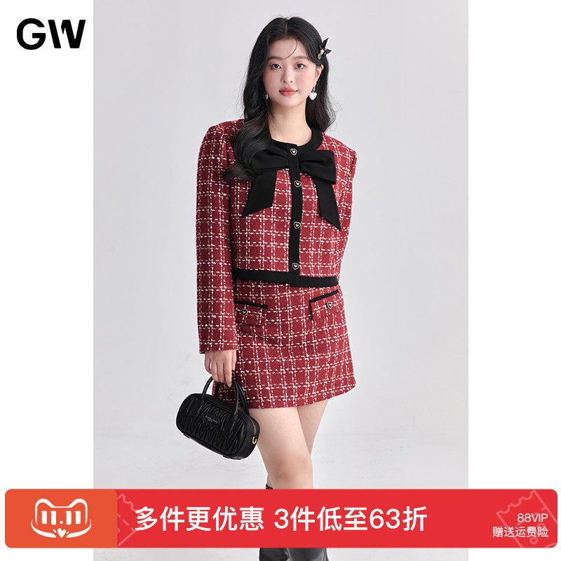 GW大码女装红色高级感小香风格子套装2025秋季新款微胖mm显瘦上衣