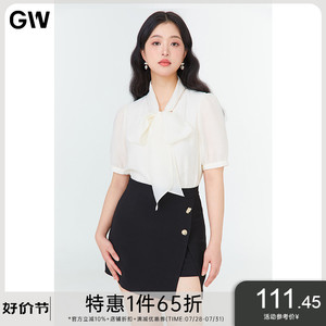 GW大码女装法式职场气质泡泡袖蝴蝶结飘带衬衫2023夏季新款微胖mm