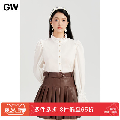 GW大码女装法式木耳边微泡泡袖古典气质衬衫2025秋季新款微胖mm女