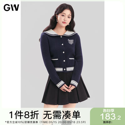 GW大码女装针织开衫女短款海军领2024春冬季新款微胖mm慵懒毛衣女