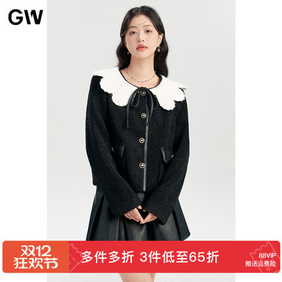 GW大码女装减龄娃娃领蝴蝶结显瘦羊羔绒短外套2025秋冬新款微胖mm