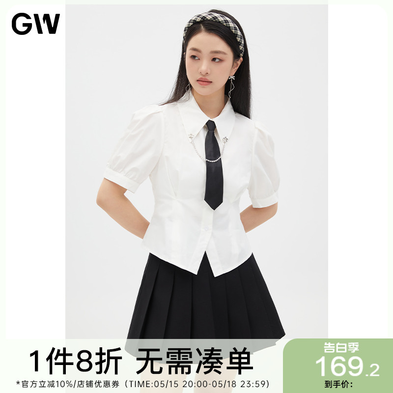 GW大码女装学院风领带白色衬衫2024夏新款微胖mm显瘦气质百搭衬衣