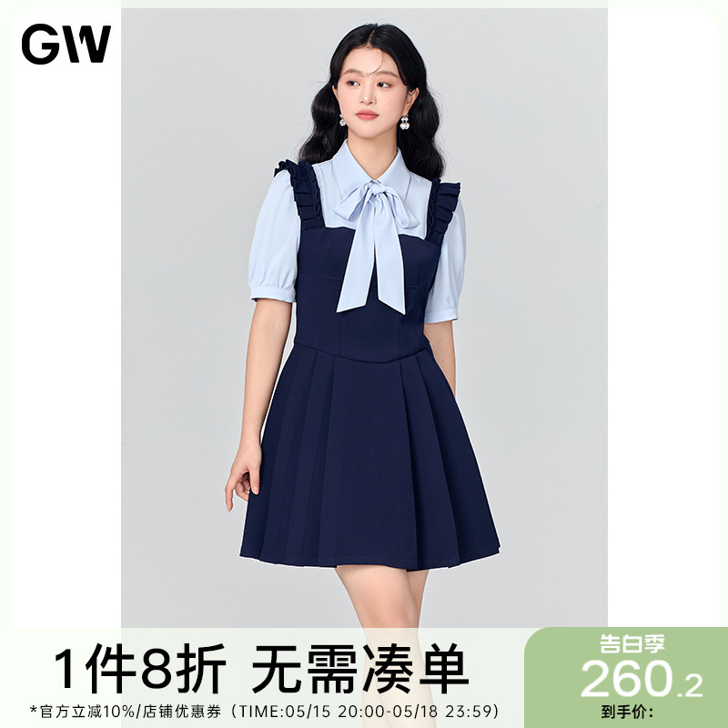 GW大码女装法式长袖蝴蝶结飘带西装连衣裙2024春夏季新款微胖mm女