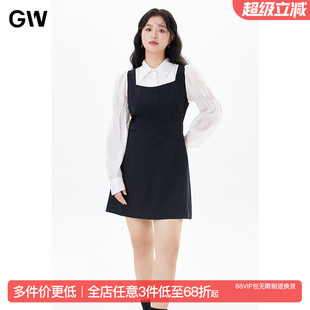 GW大码女装文静气质显瘦黑色假两件A字连衣裙2025秋季新款微胖mm