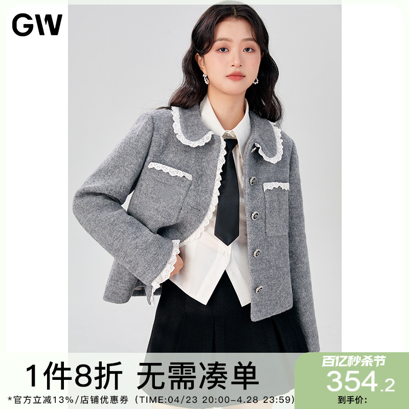 GW大码女装气质减龄精致娃娃领100%绵羊毛外套2024春冬新款微胖mm