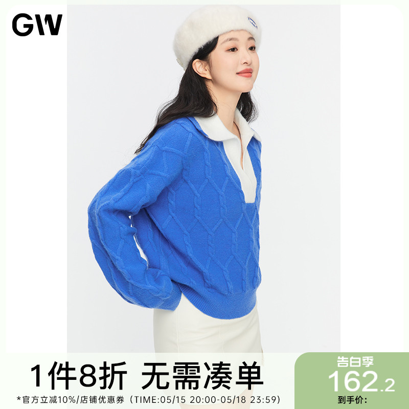 GW大码女装慵懒风polo领毛衣2022春冬新款胖mm藏肉遮肚子针织上衣