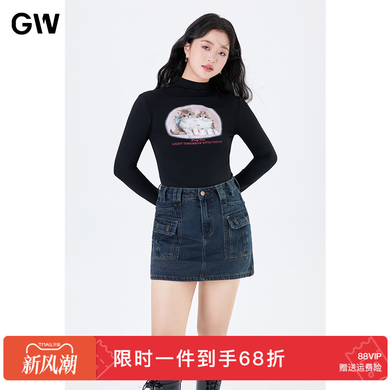 GW大码女装猫咪图案修身性感百搭针织衫打底2025秋季新款微胖mm女