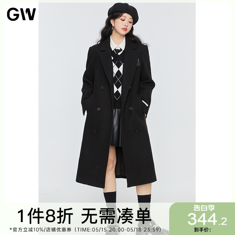 GW大码韩系女装双面毛呢大衣2022冬季新款高级感黑色胖mm长款外套