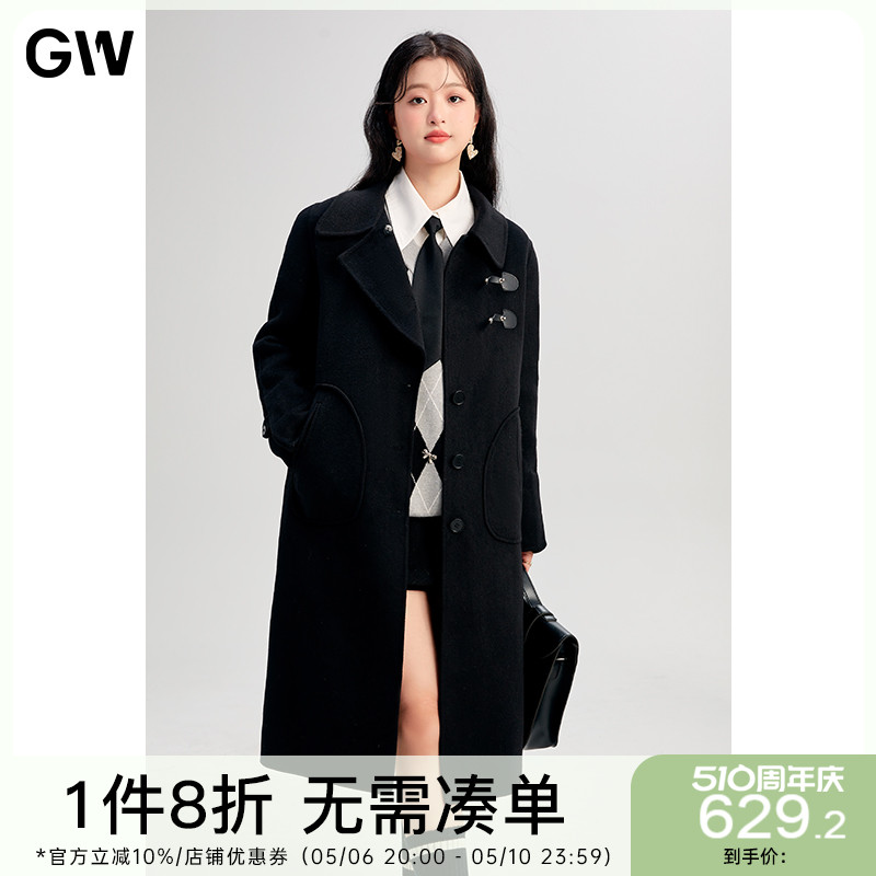 GW大码女装设计感显瘦绵羊毛黑色呢大衣2024春冬新款微胖mm外套女