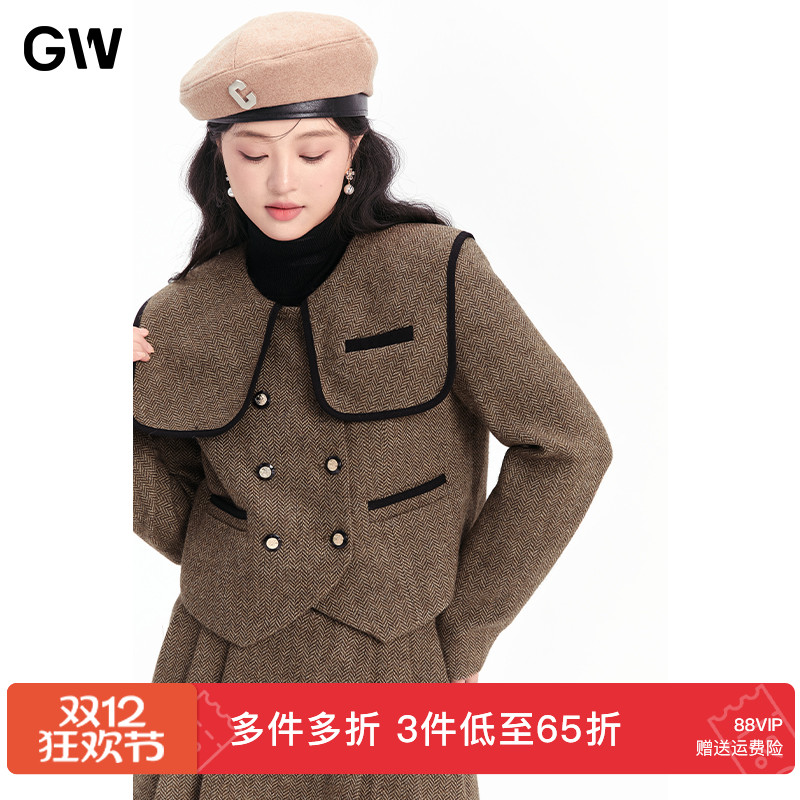 GW大码女装高级感绵羊毛娃娃领短外套短裙2025秋季新款微胖mm显瘦