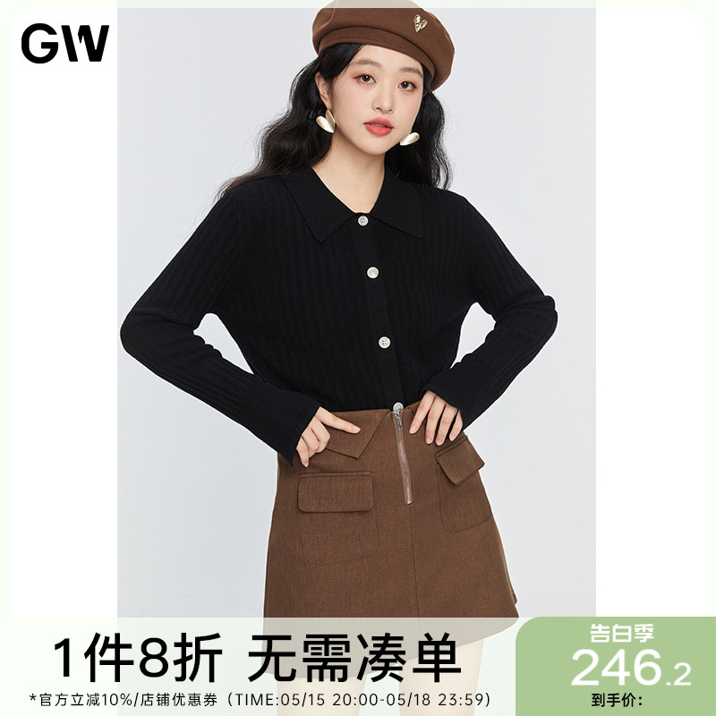 GW大码简约polo领针织羊绒开衫2022春冬新款胖mm百搭羊毛衫上衣女