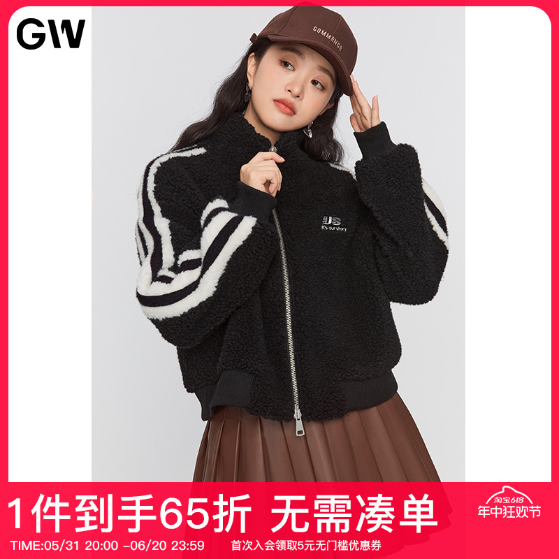 GW大码拼接羊绒大衣女装立领颗粒2022春冬新款胖妹妹宽松显瘦外套