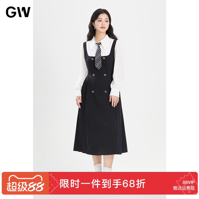 GW大码女装学院风减龄显瘦衬衫假两件连衣裙2025秋季新款微胖mm女