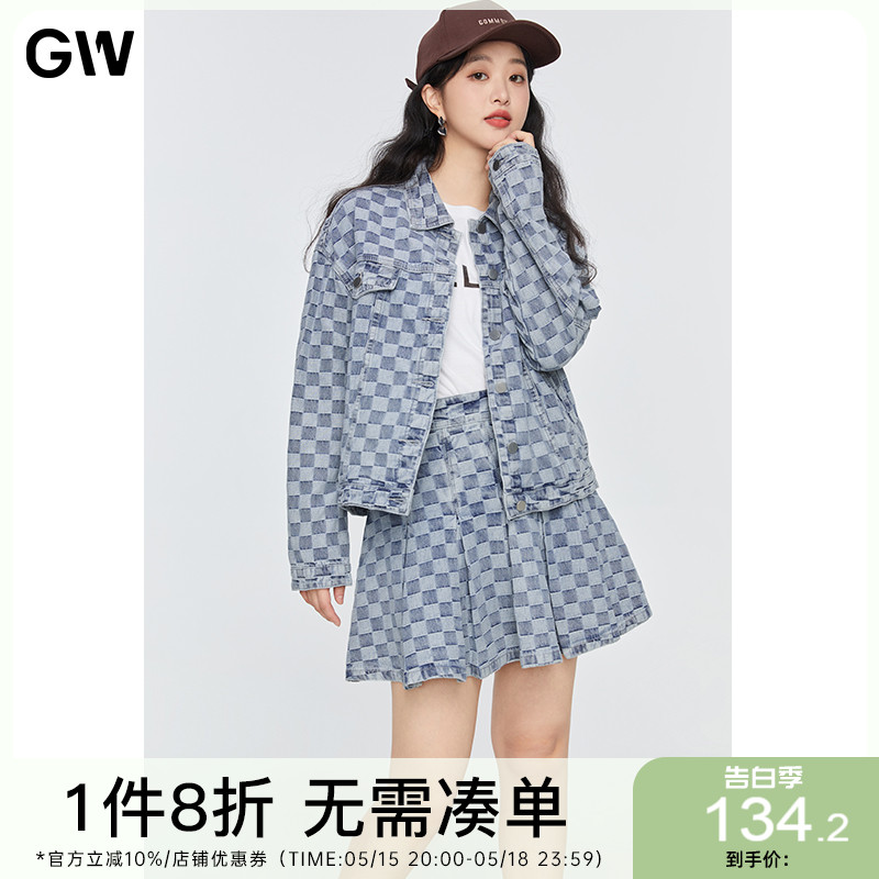 GW大码甜酷棋盘格A字版牛仔短裙2022春季新款百搭微胖MM半身裙女