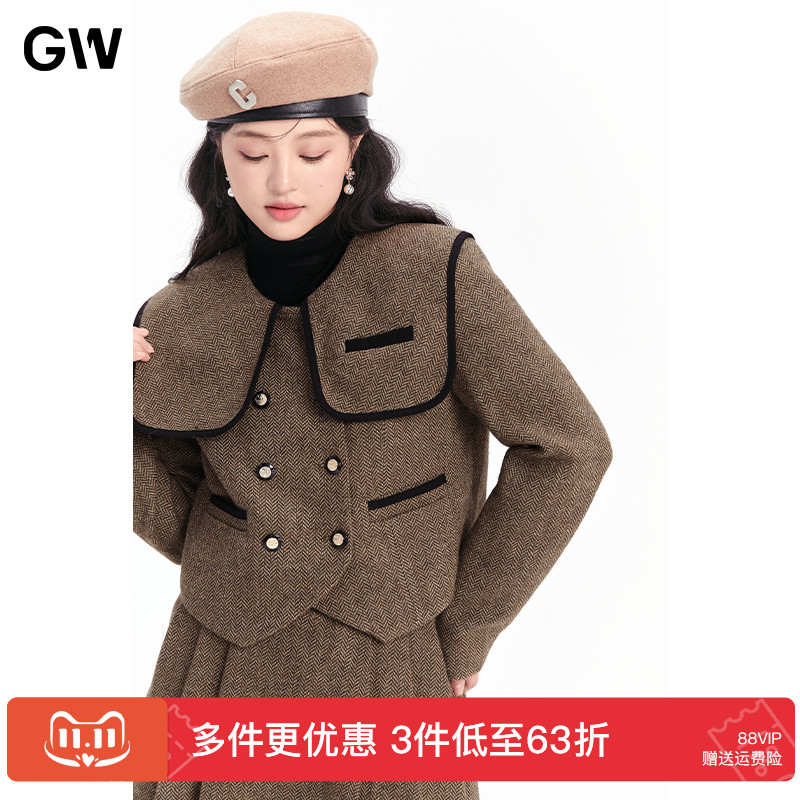 GW大码女装高级感绵羊毛娃娃领短外套短裙2025秋季新款微胖mm显瘦