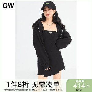 GW大码甜酷短款连帽卫衣辣妹吊带裙套装2022春季新款胖mm两件套女