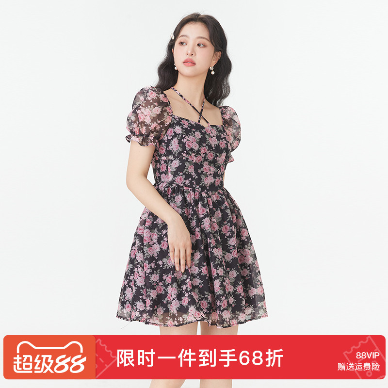 GW大码女装法式玫瑰碎花收腰连衣裙2025夏季新款微胖mm气质显瘦女
