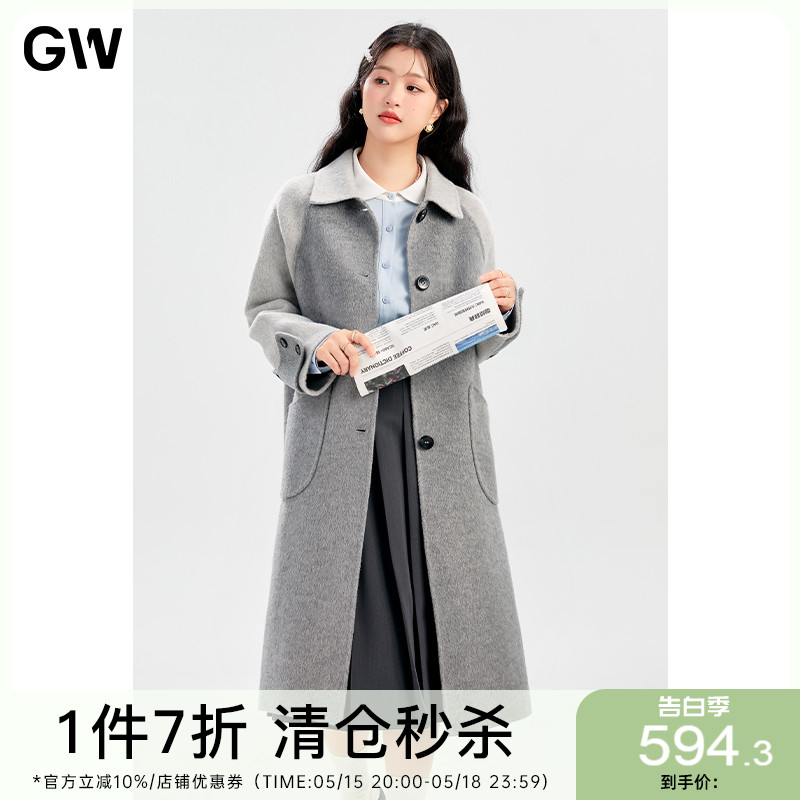 GW大码女装直筒拼接显瘦灰色风衣版型毛呢大衣2024春季新款微胖mm