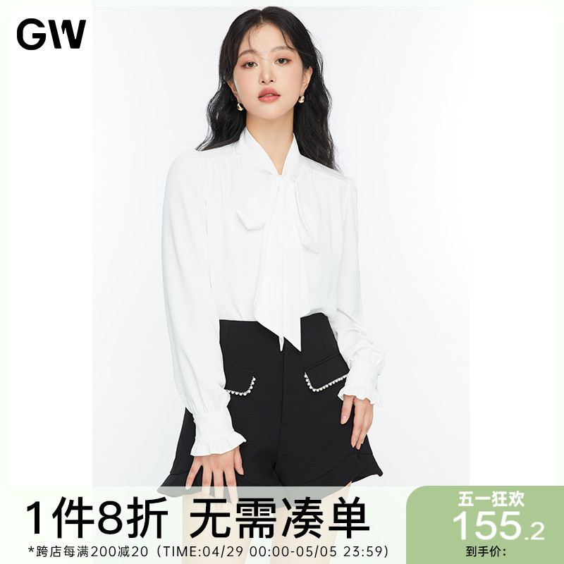 GW大码女装衬衫2022春新款胖mm遮肉显瘦蝴蝶结飘带打底上衣女长袖