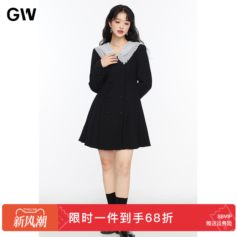 GW大码女装学院风蕾丝海军领百褶连衣裙2025秋季新款胖mm显瘦裙子
