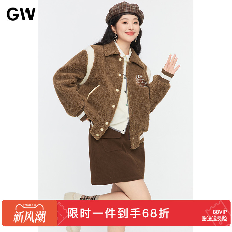 GW大码女装方领毛呢外套2025冬季新款微胖mm棒球服泰迪熊皮草大衣
