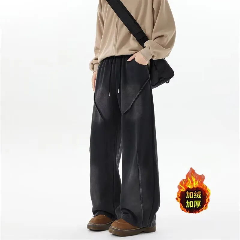 灰色卫裤男秋冬款美式潮牌复古重磅加绒垂感休闲裤宽松直筒长裤子