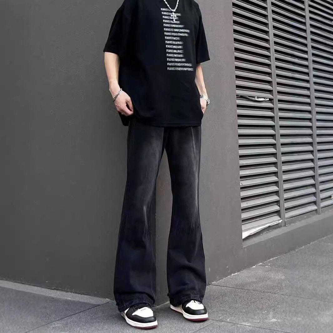 复古黑色牛仔裤男美式vibe潮牌宽松直筒裤高街垂感微喇阔腿长裤子