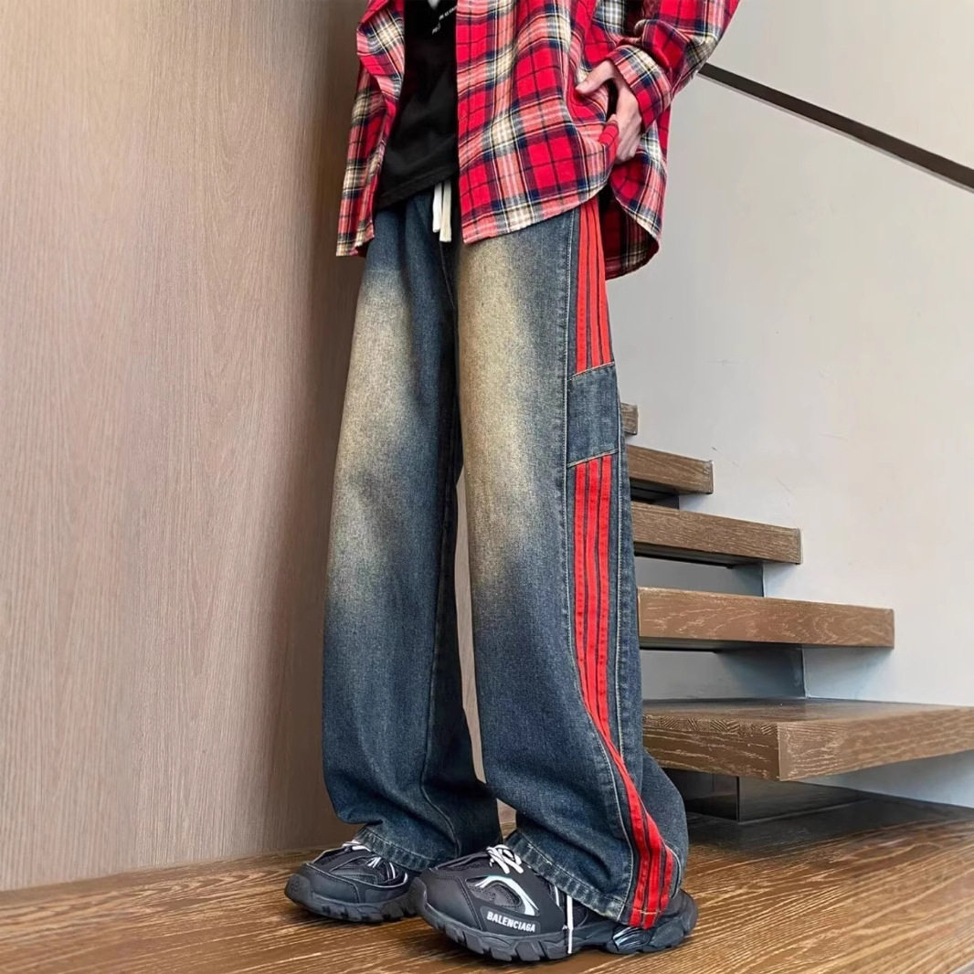 牛仔裤男美式复古三条杠春秋季潮牌高街直筒裤子水洗宽松阔腿长裤,男装,牛仔裤,淘宝优惠券,粉丝福利购,淘宝优惠卷