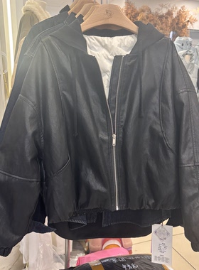 韩版针织帽拼接PU皮衣羽绒服女2025冬季新款小个子90白鸭绒皮夹克