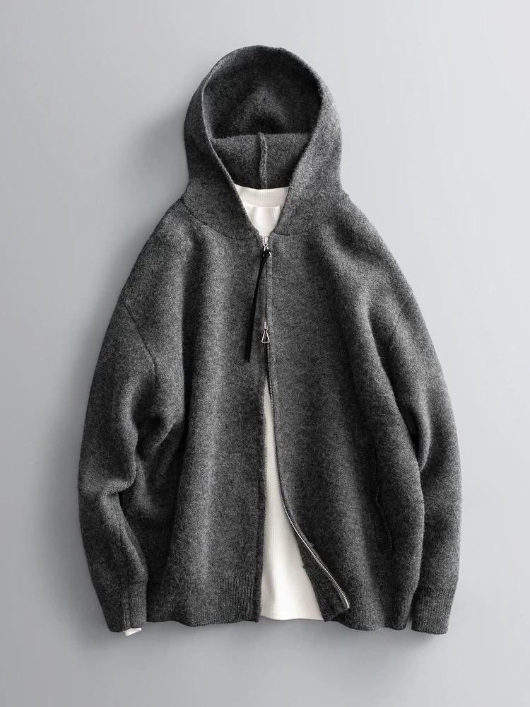 UZU男装 冬季韩系极简cleanfit 设计款廓形连帽开衫毛衣 男