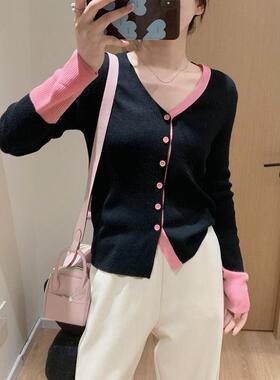 正品哥家新2026春秋设计感拼色V领针织开衫女洋气减龄长袖上衣