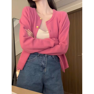 正品哥家新2025秋冬新款高级感穿搭玫粉色针织开衫外搭上衣外套