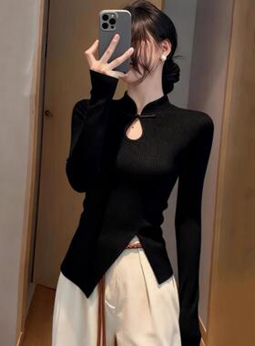 正品哥家新2026春秋新中式立领盘扣针织衫修身显瘦收腰气质上衣