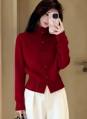 正品哥家新2026秋冬季新年红色高领羊毛针织开衫洋气显瘦毛衣女