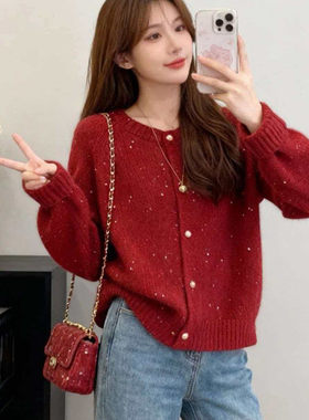 正品哥家新2026秋冬季新年开运红色亮片羊毛针织开衫本命年毛衣