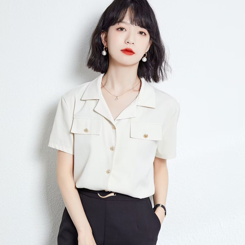 白领哥弟新高级感西装领短袖衬衫女夏2025新款通勤职业工装上衣