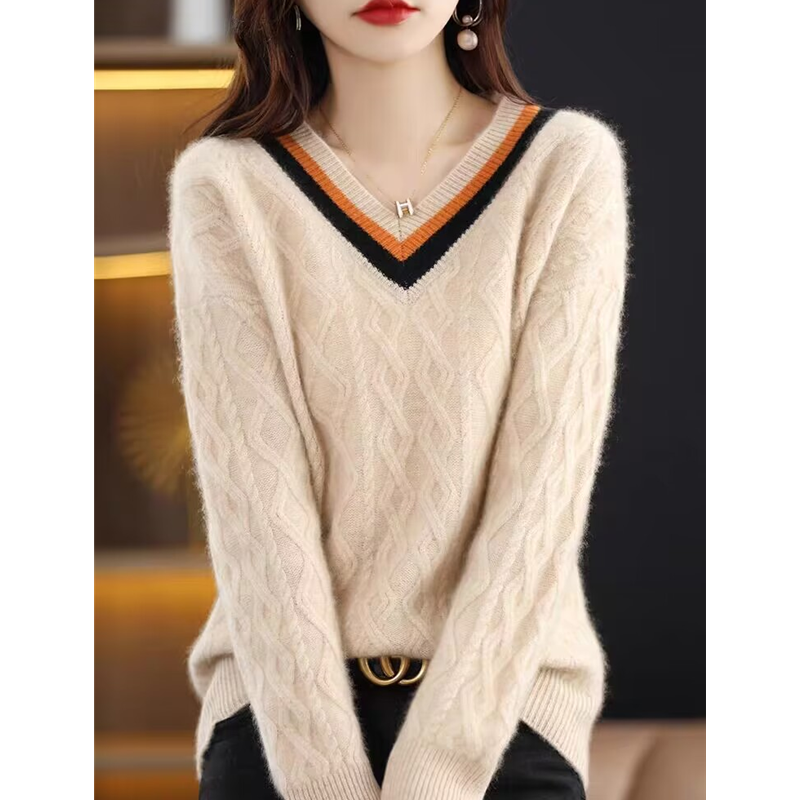 正品哥家新2026秋冬季洋派撞色边V领羊毛针织衫菱形绞花毛衣女,女装/女士精品,毛衣,淘宝优惠券,粉丝福利购,淘宝优惠卷